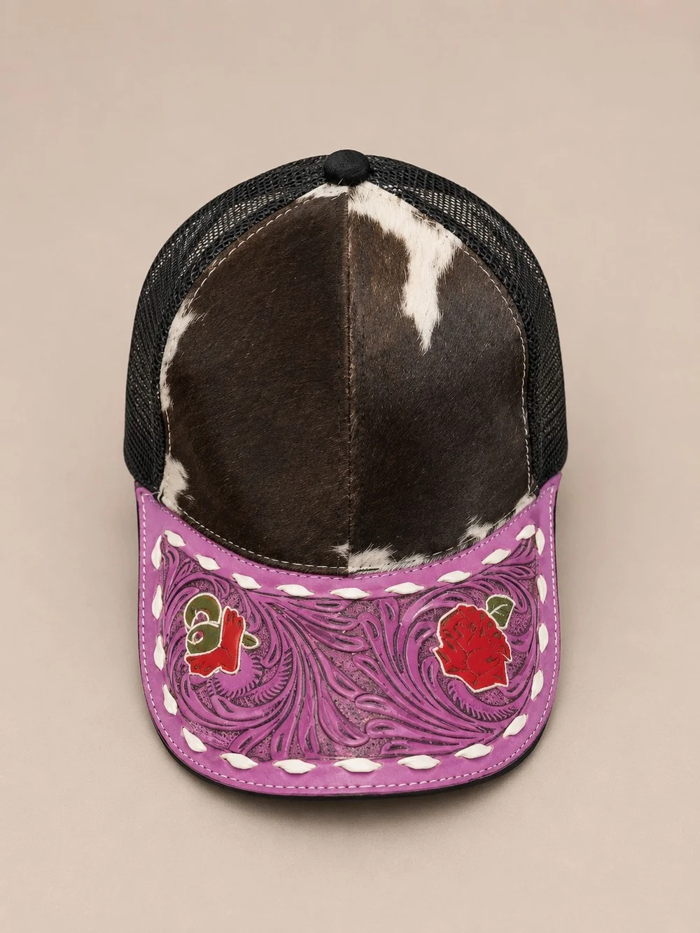 Pink Tooled Leather & Cowhide Trucker Hat - NWOT